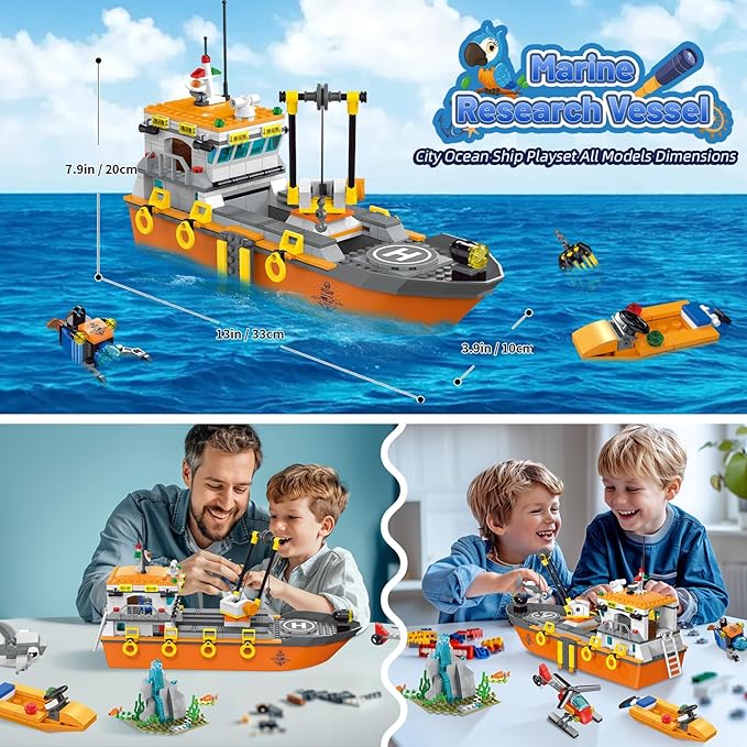 City Ocean Explorer Ship Building Set, Fun Toy Exploration Boat Building Block Kit with LED Lights, Helicopter, Submarine Birthday for Boys Girls Kids 6 8 10+