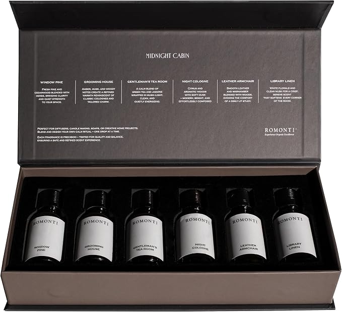 Aroma Essential Oil Gift Set, Midnight Cabin Collection, 6 Pack Oils for Diffuser - Window Pine, Grooming House, Gentleman's Tea Room, Night Cologne, Leather Armchair, Library Linen