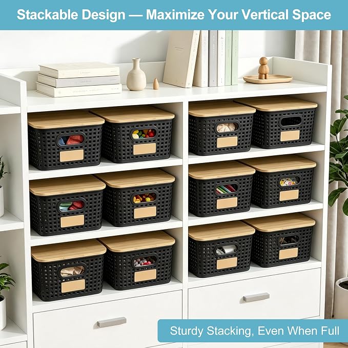 Small Plastic Storage Bins with Bamboo Lids 5.2qt Stackable Box Basket Pantry Decorative Containers Cute with Lable for Organizing Desktop Closet Office Black of 6 packs 10 * 7.2 * 4.1"