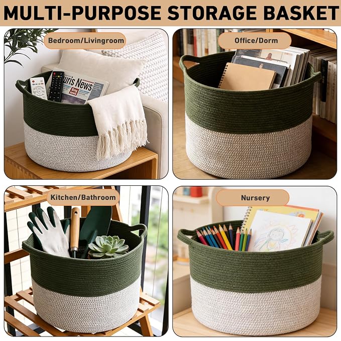115L Extra Large Blanket Basket,Woven Laundry Basket-Green&White | Collapsible, reinforced handles, nursery storage bin organizes clothes, toys and pillows for living room, bedroom bathroom