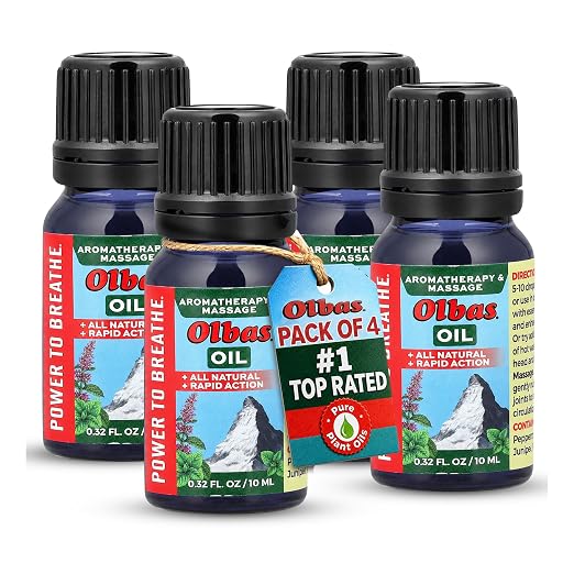 Olbas Aromatherapy Inhalant and Massage Oil Pack Of 4 (0.32 Fl Oz), body massage oil, Swiss Herbal Remedies with Pure Essential massage oils for muscle relaxing and soothing comfort for pain relief