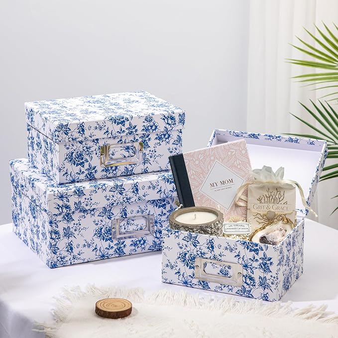 Briful Blue White Floral Nested Decorative Storage Boxes with Lids | 4Pcs Vanity Desktop Organizer Bin, Cardboard Photo Boxes Storage for Makeup, Office Supplies, Entryway Shelf Decor, Gift Box