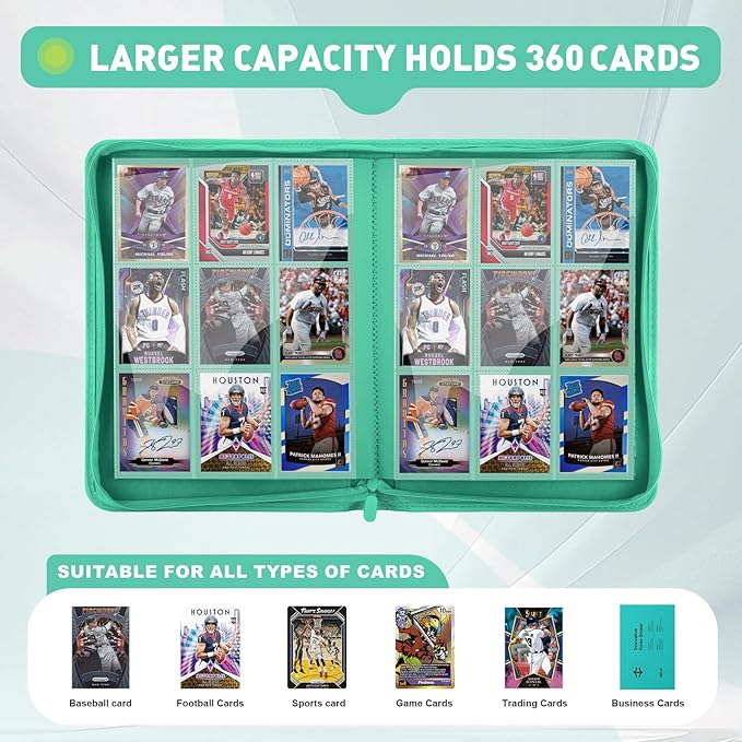 Trading Card Binder 9 Pocket, 360 Pockets Double-Sided Card Album, Premium PU Leather Zipper Card Holder for MTG, TCG, Sports & Game Cards, Must-Have for Collectors（Light Green）