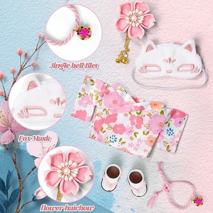 17cm Doll Clothes,Outfit Accessories Kimono Set for 6.7inch Dolls Girls, Kawaii Chic Designer Style Flower Hairbow+Pink Clothing Pajamas+Cute Halloween Mask(NO Doll)