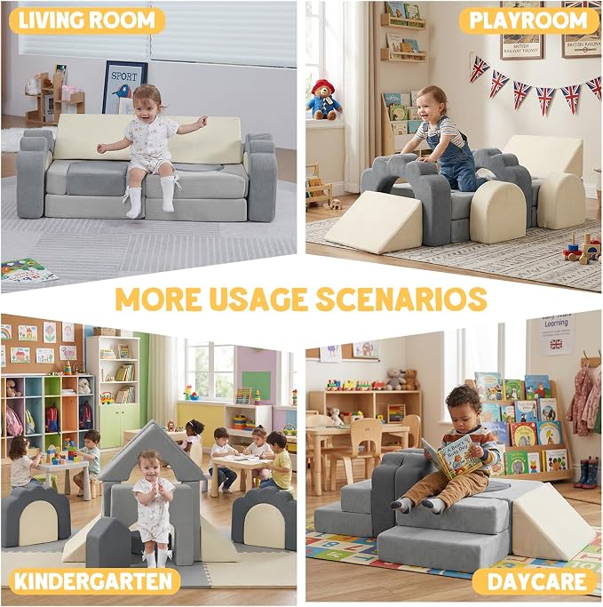13 Pieces Foam Climbing Blocks for Toddlers|Kids Floral Soft Play Climbing for Indoor,Modular Crawing Toys with Washable Cover for Playroom,Bedroom and Preschool,Gray & Beige