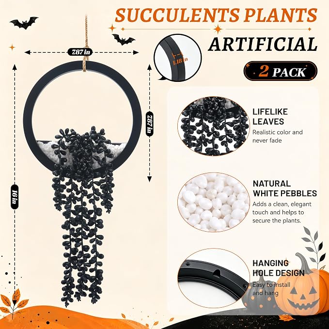 Der Rose 2 Pack Black Artificial Hanging Plants for Gothic Halloween Decor | Strongly festive atmosphere of Halloween，black hanging fake succulents，suitable for black wall decor，party decorations