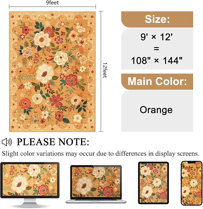 DUKINO 9x12 Area Rug for Living Room, Floral Washable Rug Non Slip, Orange | Soft, Low Pile Indoor Large Rug for Bedroom, Dining Rom, Kids Playroom, Office, Pet Friendly, Modern Home Decor, Non-Shedding