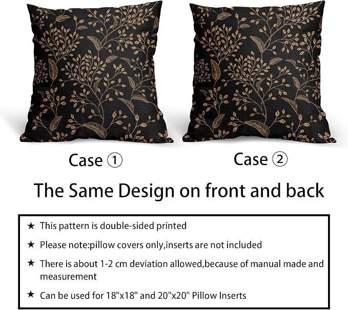 Boho Pillow Covers 20X20 Inch Set of 2 Black Gold Floral Leaves Decorative Pillow Cases Vintage Flower Leaf Cotton Linen Cushion Case Farmhouse Home Decor for Sofa Couch Porch Outdoor