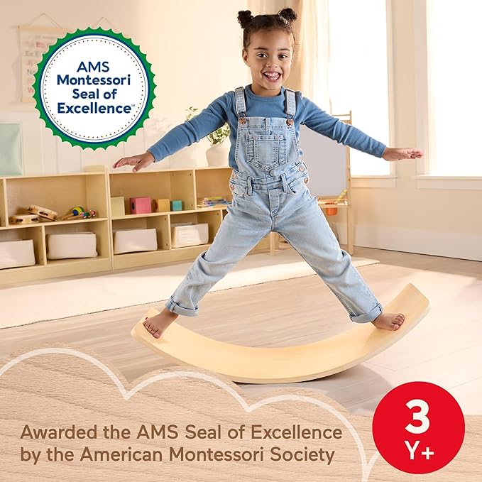 Fisher-Price Wood Montessori Toy Rockin' Balance Board, American Montessori Society Seal of Excellence, 31.7-Inch Wooden Motor Skills Learning Activity for Kids Ages 3+ Years (Amazon Exclusive)