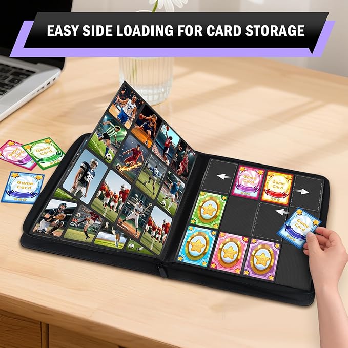 12 Pocket Card Binder, Zipper Trading Card Binder, 720 Large Capacity Side Loading Non-Ring Card Album, Double Sided Acid-Free Card Protector Binder, Card Collection for TCG, MTG, Sport Card, Purple