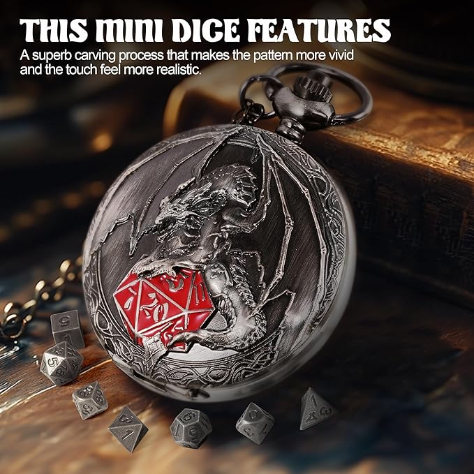 D&D Dice Set,7PCS Metal Dice for Dungeons and Dragons,Mini Dice Set with Pocket Watch Case,Role Playing Board Games Accessories (Dragon-R, Ancient Silver)