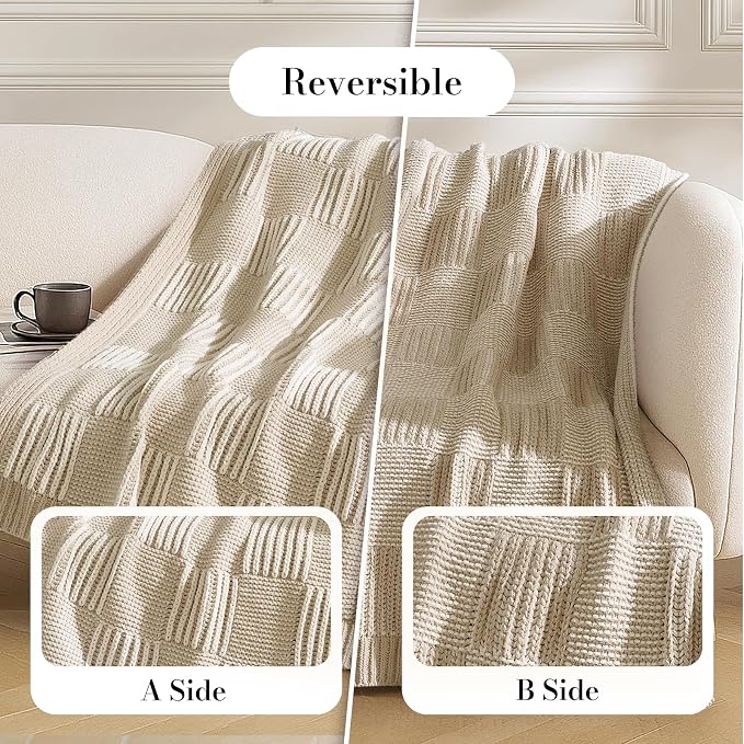 Knit Throw Blanket, Soft Chenille Cozy Breathable Dual Tone Checkered Chunky Decorative Blanket for Couch, Bed & Sofa, French Lightweight Warm Gift for Women, Beige, 60"x80"