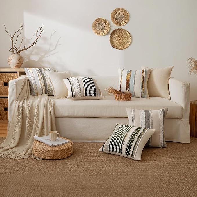 ANRODUO Boho Decorative Pillow Covers 18x18 Light Blue Stripe Pack of 2 | Euro Throw Pillow Covers, Farmhouse Cushion Case, Chenille Pillow Cases, Pillow Covers, Neutral Pillowcase for Sofa Couch Bed