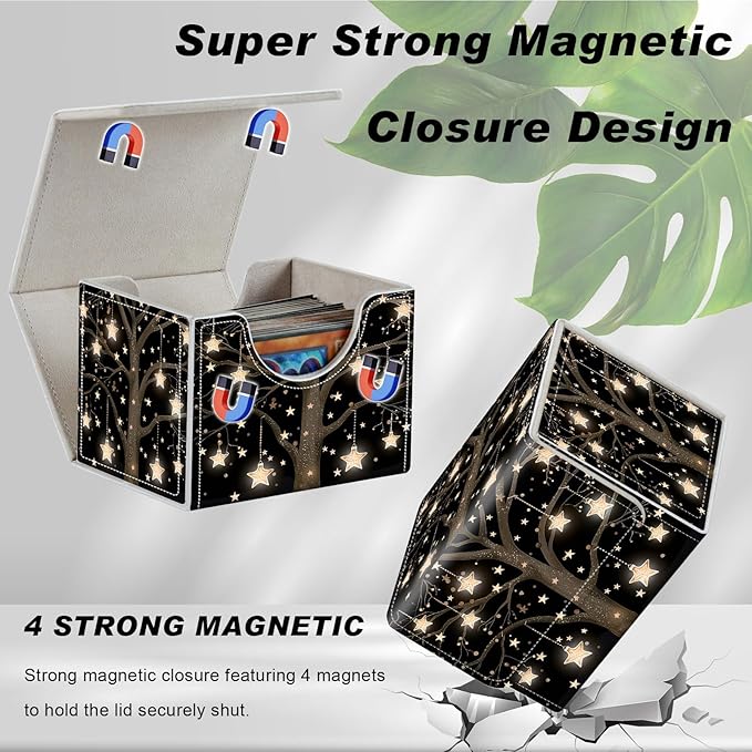 DEGDFSGR for TCG MTG Card Game Storage Box Organizer Trading Card Case Commander Deck Box Magnetic Closure Creative Pattern Up to 200 Cards, Golden Stars In The Branches
