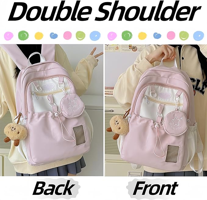 Kawaii Backpack Double Shoulder Bag with Cute Star Removable Pouch Small Clear Front Pocket Large Capacity Fits 16" Laptop Dopamine Colors Daypack (Pink)