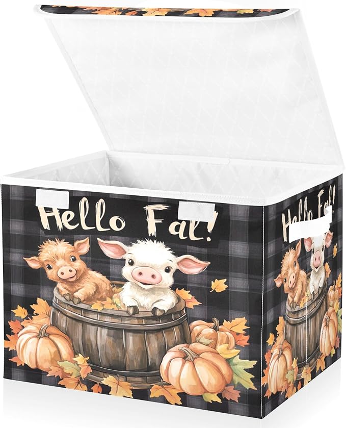 Cute Highland Cow Storage Bins with Lids and Carrying Handle,Foldable Storage Boxes Organizer Containers Baskets Cube with Cover for Home Bedroom Closet Office Nursery
