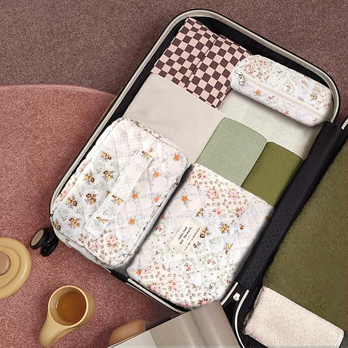 GISMTR 3Pcs Cotton Quilted Makeup Bag Large Travel Cosmetic Bag Coquette Makeup Pouch Cute Aesthetic Floral Toiletry Bag for Women Girls (flower-U)