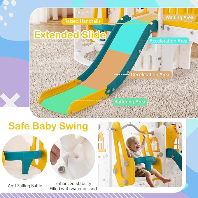 Costzon 10 in 1 Toddler Swing and Slide Set, Kids Slide and Climber Playset w/Aisle, Peek-a-Boo Window & Storage Space, Baby Indoor Playground for Aged 1+ (Yellow+Blue,100" × 59" × 40")