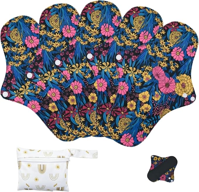 Reusable Incontinence Pads,Mesh Cotton Fabric Washable Menstrual Pads,Panty Liners Pads,Period Sanitary Napkins,with 1 Storage Bag,for Women/Postpartum/Incontinence(Big Flower/M/5pcs)