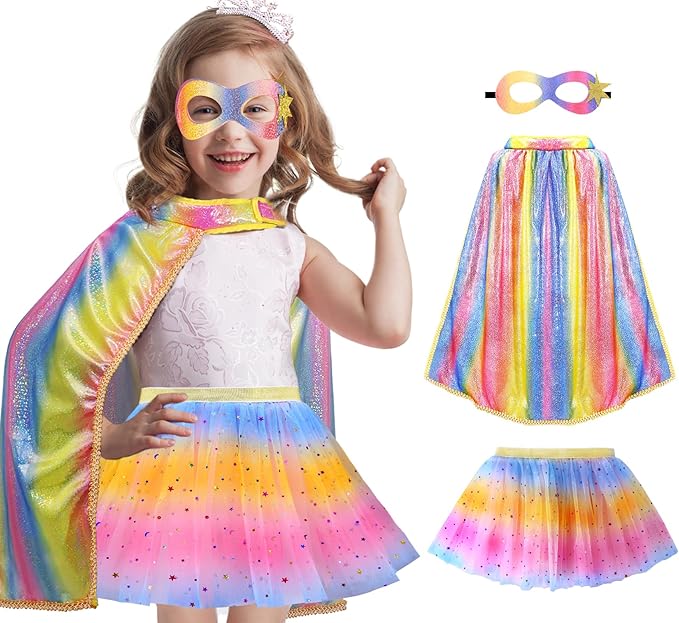 iROLEWIN Kids Superhero-Capes-Costumes for Girls Princess Dress-Up Fairy Cape Mask Tutu as Halloween Birthday Gifts Toys