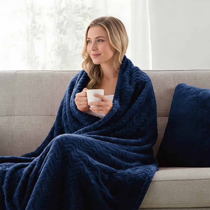 Exclusivo Mezcla Soft Fleece Blanket Queen Size for Bed, Sofa, Navy Blue | 90"x90" Breathable Lightweight Flannel Blanket for Summer, Plush Cozy Jacquard Wave for Home Decor