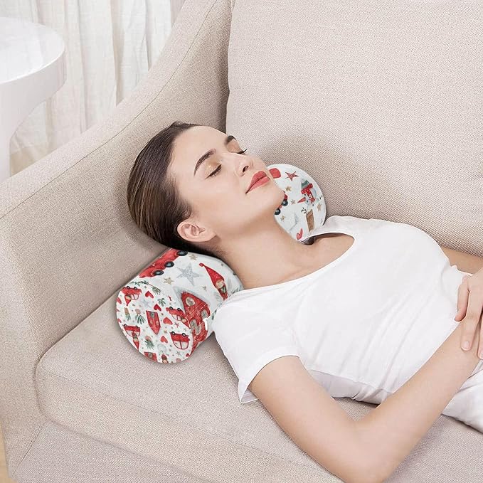 Watercolor Christmas Elves Stars White Neck Roll Pillow Bolster Round Health Memory Foam Long Cervical Cylinder Pillows with Removable Washable Cover for Body Bed Legs Back Yoga