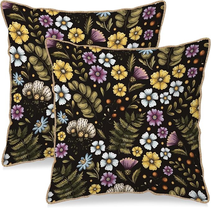 Blue Yellow Purple Floral Soft Velvet Throw Pillow Covers Set of 2 Plant Botanical Flowers Decorative Pillow Covers 16x16 In Vintage Black Pillow Case For Sofa Couch Living Room Farmhouse Home Decor