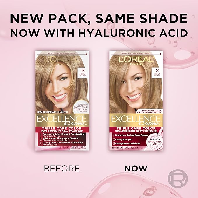 L'Oreal Paris Excellence Crème Permanent Hair Dye, Triple Care Hair Color with Hyaluronic Acid for 100% Gray Coverage, 8 Medium Blonde, 1 Kit (Pack of 2) (Packaging May Vary)