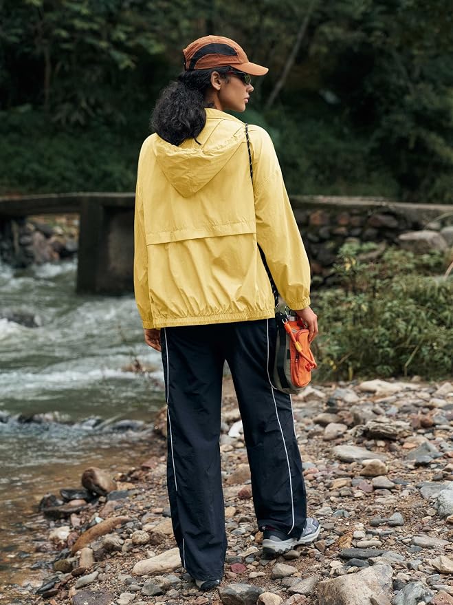 Yousify Womens Waterproof Rain Jackets Lightweight Zip Up Raincoat Outdoor Hiking Hooded Windbreaker with Pocket