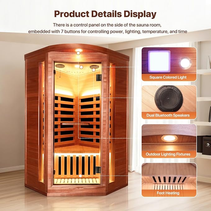 OUTEXER Corner Sauna for One Person Far Infrared Sauna Low-EMF African Mahogany Wood 1300W Indoor Saunas Wood Wax Oil on Outer Surface 37 * 37 * 71Inch