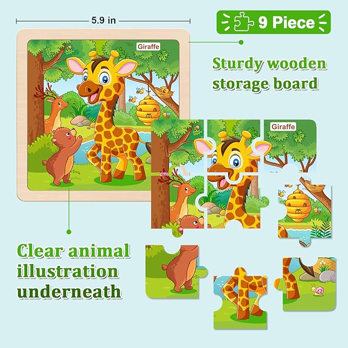Wooden Puzzles for Toddlers, 9 Pieces Animal Jigsaw Puzzles for Kids Ages 3-5 4-6, Preschool Learning Activities, Learning & Educational Toys, Gifts for Boys, Girls (8 Pack)