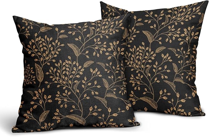 Boho Pillow Covers 20X20 Inch Set of 2 Black Gold Floral Leaves Decorative Pillow Cases Vintage Flower Leaf Cotton Linen Cushion Case Farmhouse Home Decor for Sofa Couch Porch Outdoor