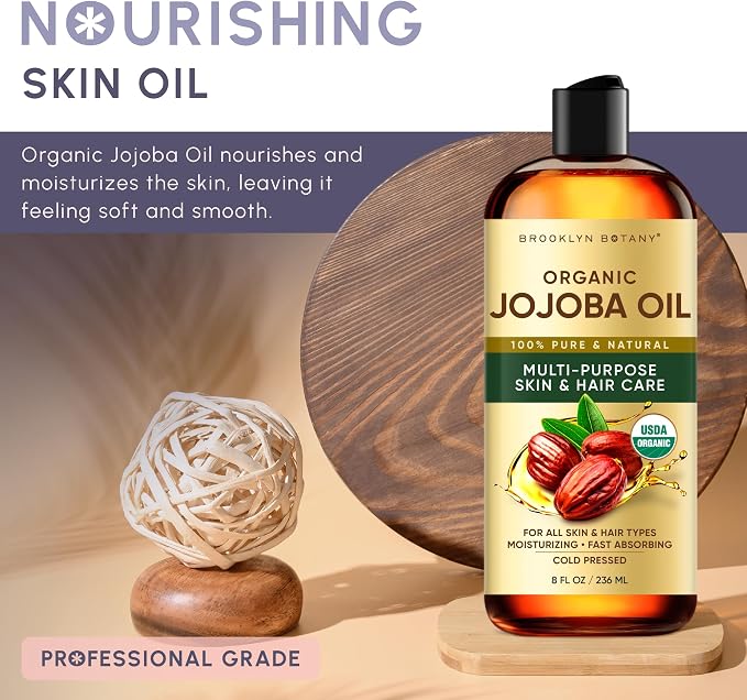 Brooklyn Botany Cold-Pressed Organic Jojoba Oil | for Skin, Hair and Face | 8 Fl Oz | 100% Pure and Natural | Carrier Oil for Essential Oils, Aromatherapy and Massage | Hexane Free