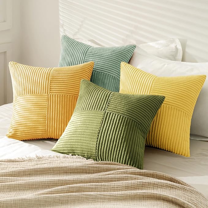 MIULEE Boho Farmhouse Spring Decorative Throw Pillow Covers 20x20 Inch 4 Packs Soft Vintage Pillow Cases Modern Corduroy Patchwork Cushion Covers for Couch Sofa Bed Summer Home Decor, Yellow Green