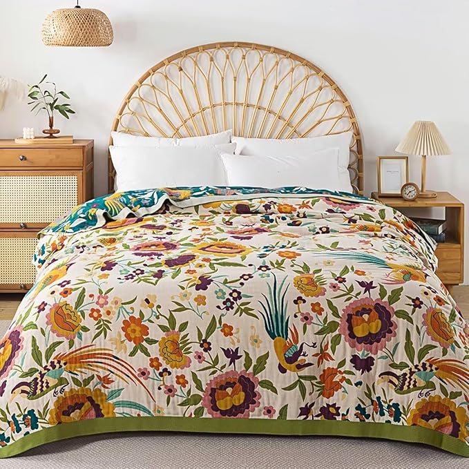 Boho Throw Blanket for Bed 100% Cotton Bohemian Blankets Ultra Soft Woven Muslin Decorative Blankets All Seasons Vintage Quilt Knitted Blanket for Sofa Chair(Beige, 80"x90")