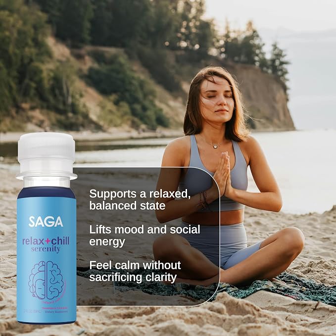 SAGA Serenity Organic Relaxation Shots with Kava, Lion’s Mane & Reishi | Fast-Acting Mushroom & Adaptogen Drink for Calm, Stress Relief & Mood Support | Vegan, Travel Size | 2oz Strawberry Cucumber