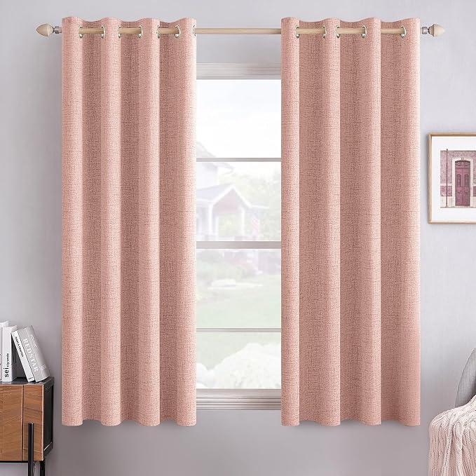 MIULEE Linen Blackout Curtains for Bedroom Thermal Insulated Blush Pink Grommet Room Darkening Black Out Drapes for Living Room 52 x 54 Inch (2 Panels)