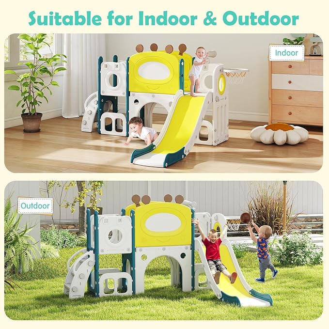 kinbor 9 in 1 Multifunctional Toddler Slide - Kids Slide with Basketball Hoop, Drawing Board & Storage, Playset for Kids Indoor Outdoor Playground Set for Toddlers Ages 1-3