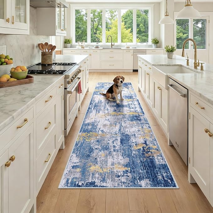 RELEANY Washable Runner 2'6"x8' Abstract Area Rug for Hallway Blue Gold | carpet for kitchen, entryway, bathroom, living room, bedroom, printed pattern, non-slip, soft, stain-resistant, easy to clean