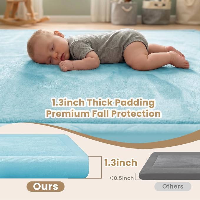 ACOMOPACK Baby Play Mat for Floor 1.3" Thick Memory Foam Play Mat 59"×71" Tummy Time Crawling with Non-slip Bottom for Living Room,Nursery,Soft Velvet Playpen Mats for Kids,Infants（Light Blue）