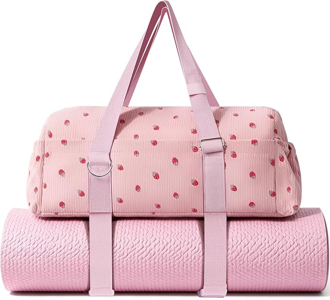 Hihealer Strawberry Gym Bag for Women & Girls, Corduroy Yoga Mat Bag with Holder, Large Capacity Dance Duffel Bag for Pilates, Travel Weekender Bag with Wet Pocket