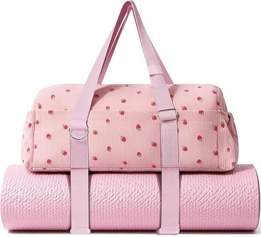 Hihealer Strawberry Gym Bag for Women & Girls, Corduroy Yoga Mat Bag with Holder, Large Capacity Dance Duffel Bag for Pilates, Travel Weekender Bag with Wet Pocket