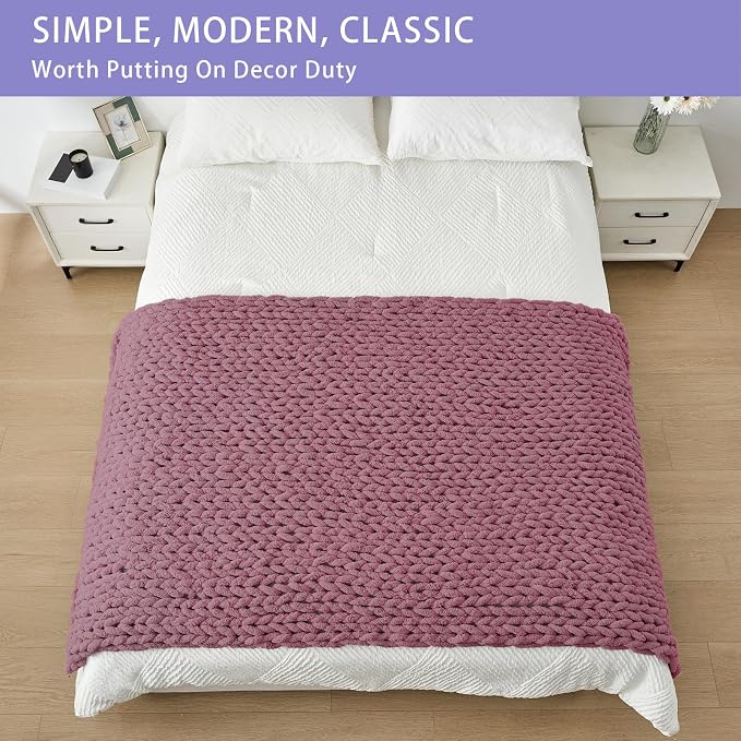 Bigacogo Chunky Knit Throw Blanket for Couch, 40x80 inches, Burnt Rose | Hand Knit with Jumbo Chenille, Soft Breathable Cable Knit for Sofa Bed Living Room, Machine Washable, Gift for Mom Friend