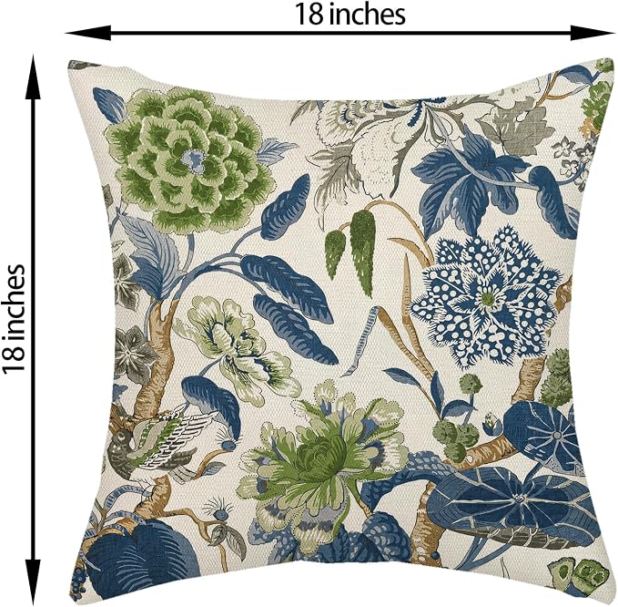 Green Navy Blue Pillow Covers 18x18 Inch Set of 2 Vintage Blue Floral Throw Pillows Chinoiserie Flower Decorative Pillow Case Outdoor Linen Farmhouse Cushion Cover for Couch Sofa Decorations