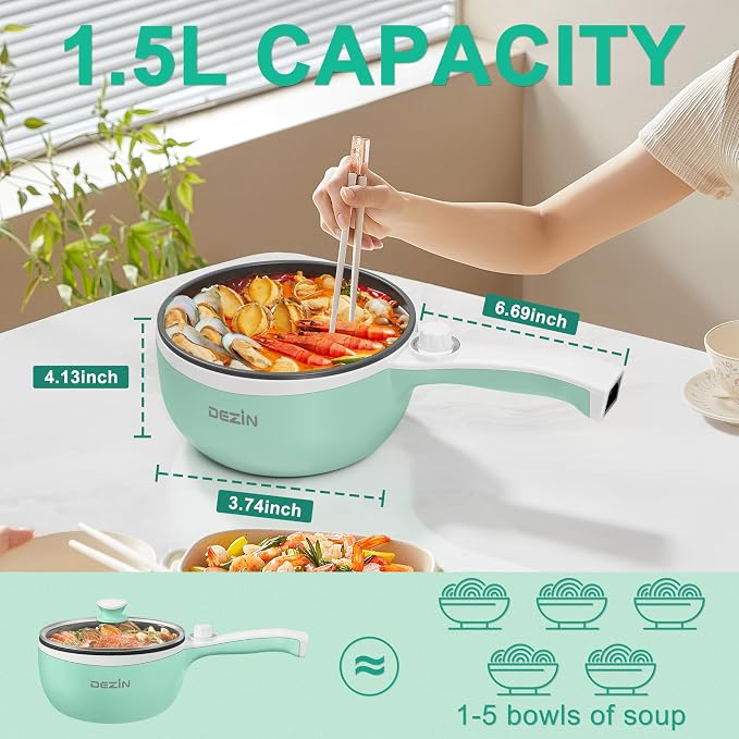 Dezin Hot Pot Electric, 1.5L Non-Stick Portable Electric Pot, Dual Power | 700W Upgraded Electric Pot for Cooking Steak, Egg, Oatmeal, Soup, Mini Ramen Cooker for Dorm, Travel, Office, RV, Green Pan