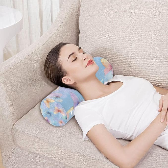 Neck Roll Pillow Bolster Pillows Round Health Memory Foam Long Cervical Cylinder Body Removable Washable Cover Bed Legs Back Yoga Butterfly Blue Pink