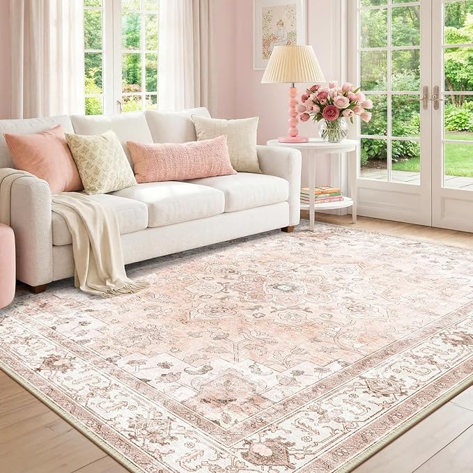 CAPALOCA 5x7 Washable Nursery Girls Low Pile Area Rug Pink | Non-Slip Soft Rugs for Bedroom Kids Playroom Living Room, Print Pattern Water Repellent Carpet Indoor Decor