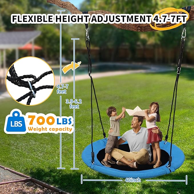 40 Inch Saucer Tree Swing for Kids & Adults – Large Round Disc Swing, 700 lb Weight Capacity with Hanging Straps & Adjustable Ropes for Playground, Backyard & Swingset (Blue)