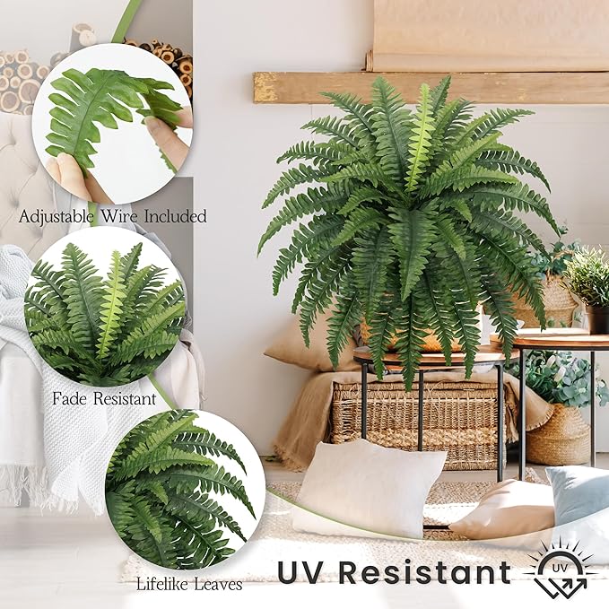 FOREST PRINCE 35" Fake Ferns, 4 Large Artificial Bonston Ferns Bushes Plants with 39 Fronds for Outdoors Garden Patio Porch Entrance Low Maintain Home Decor