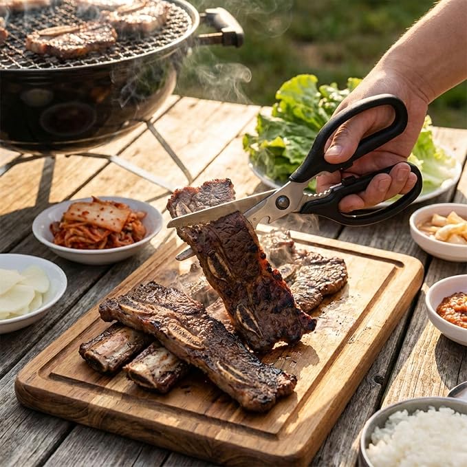 Korean BBQ Kalbi Meat Cutting Scissors Large All Purpose Stainless Steel Utility Kitchen Shears for Food, 9.5 Inch, Black